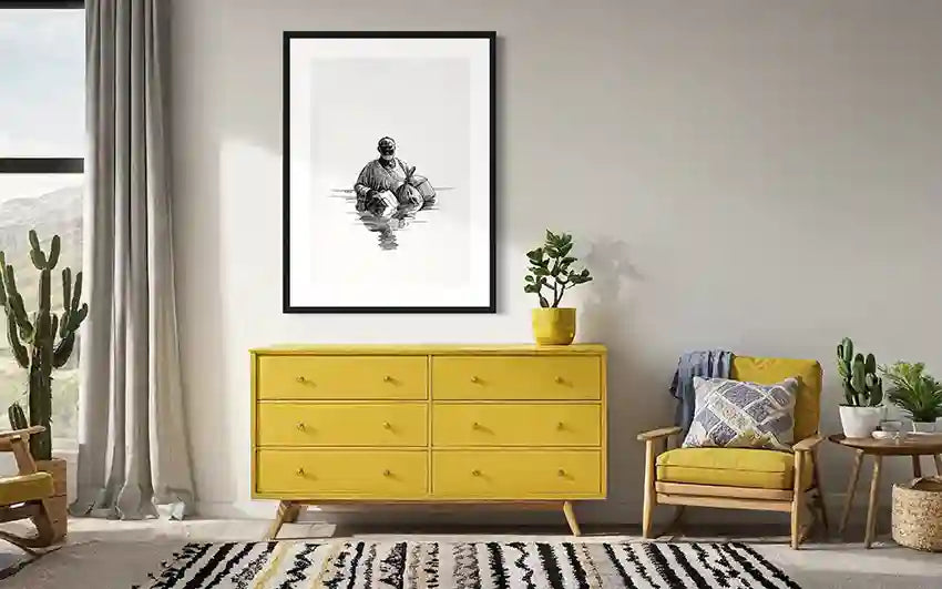 The Crossing by Obada Gabir framed artwork above yellow dresser in bright modern living room with yellow chair and plants