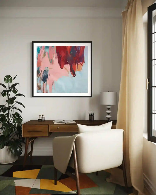 'To Nowhere 1' abstract art print by Bakri Moaz mockup in stylish office interior with mid-century modern furniture