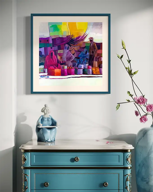 Under a Golden Sky framed art print by Rafat Omar displayed above vintage blue chest of drawers with decorative vase