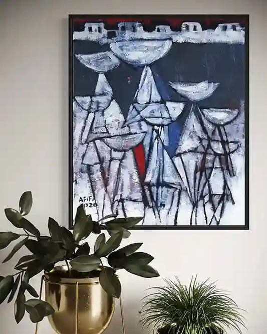 The Water Bearers art print by Abdelmageed Afifi displayed in modern interior with plants and neutral decor