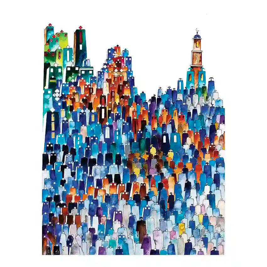 Colorful cityscape illustration with various buildings on a white background,Art print by artist Yousif Ibrahim, In UAE