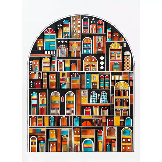 Arch-shaped art print with colorful geometric arches on a black background, by Sudanese artist Yousif IBrahim, in UAE