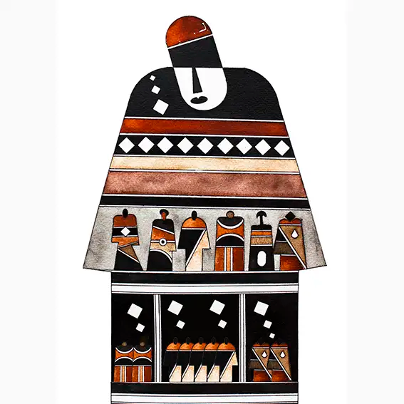 Decorative house-shaped card with geometric patterns on a white background