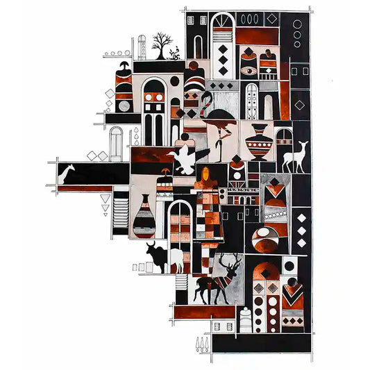 Abstract art piece with geometric shapes, houses,animals and patterns on a white background by artist Yousif Ibrahim, in UAE