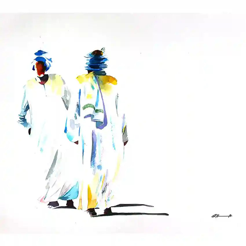 two men Abstracted art print by Sudanese visual artist Galal Yousif in colorful robes on a white background, UAE available 
