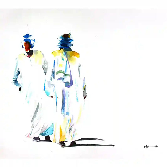 two men Abstracted art print by Sudanese visual artist Galal Yousif in colorful robes on a white background, UAE available 