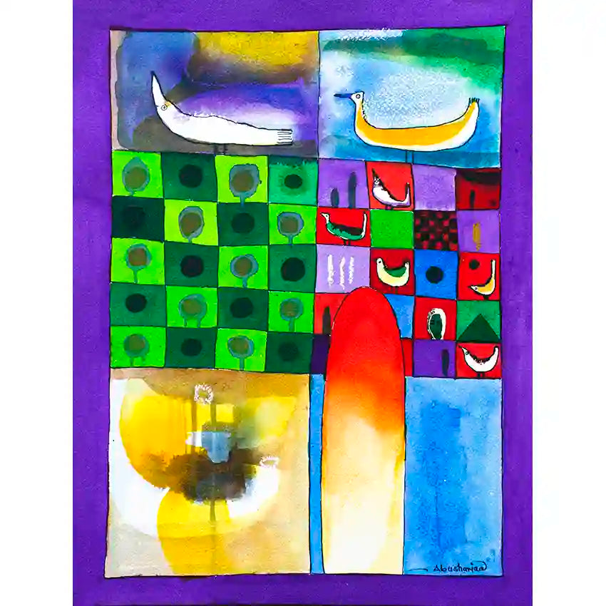 Abstract art print 'Birds and Pattern' by Abushariaa Ahmed with bird motifs, geometric patterns, and vibrant colors