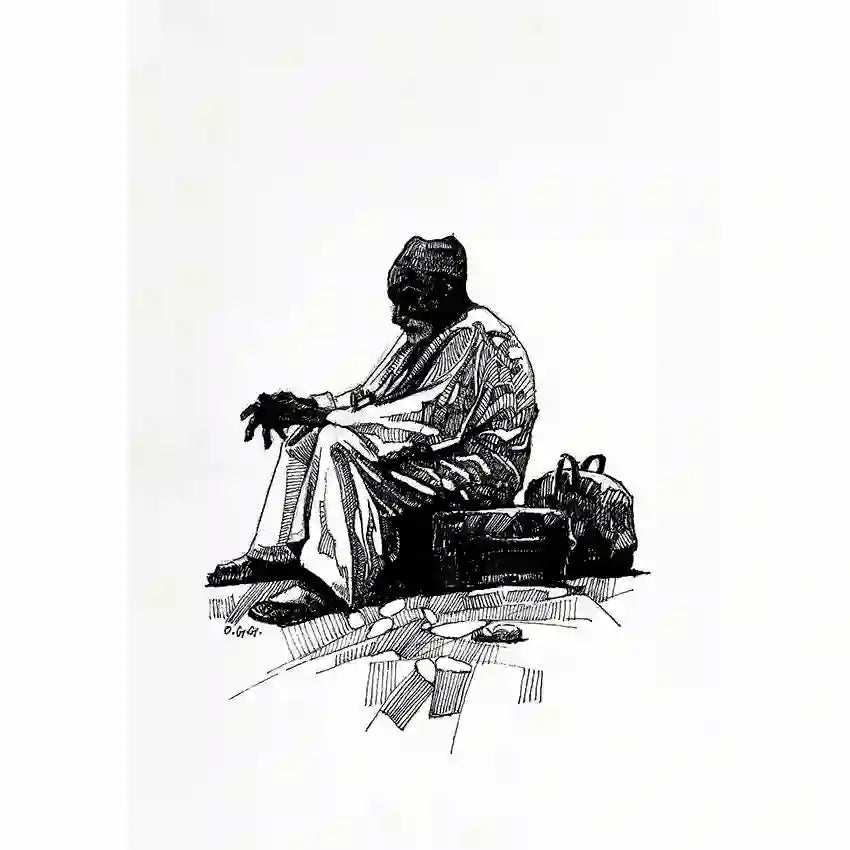 Black and white pen ink drawing of seated figure with basket by roadside, traditional crosshatch illustration art print
