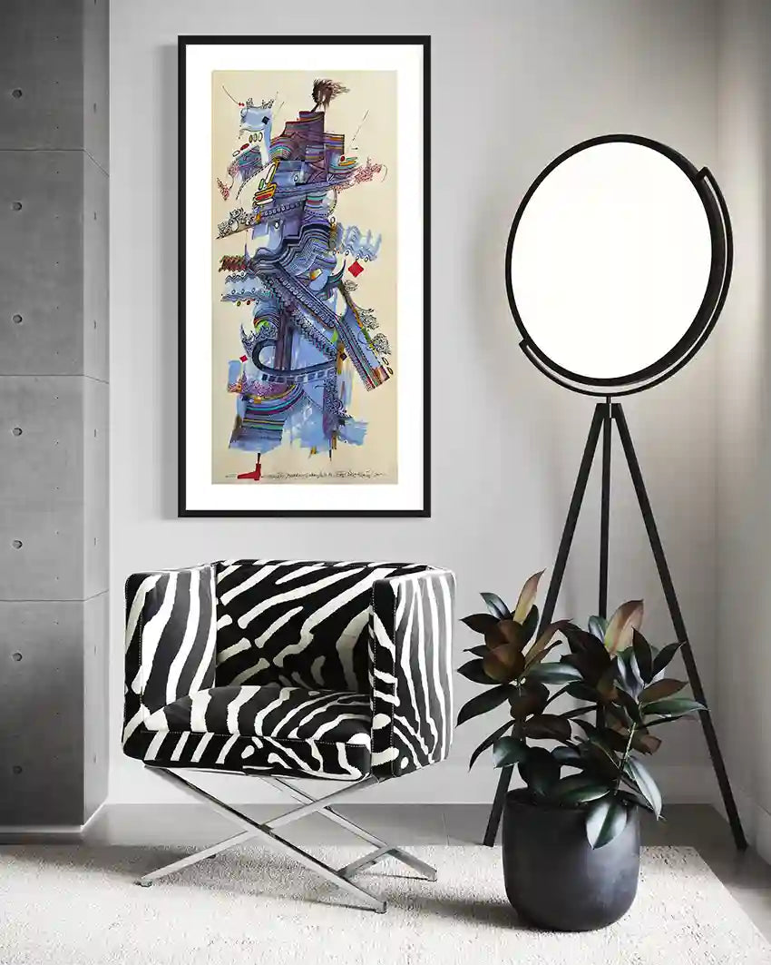 Waleed Warag's Calligrapher's Muse 4 art print displayed in modern living room with zebra chair and tripod lamp