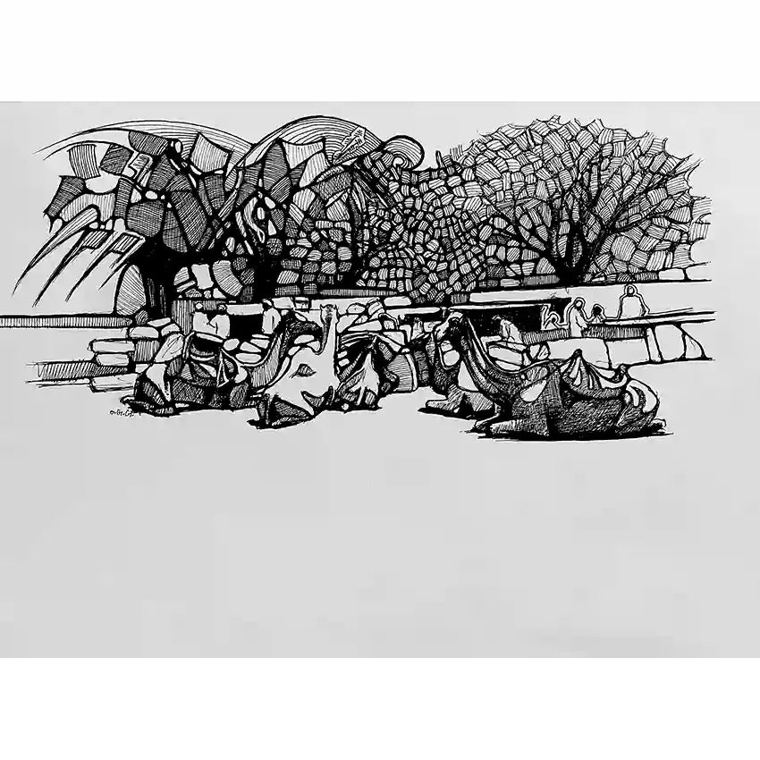 Desert Caravan at Rest pen and ink drawing by Obada Gabir showing camels resting under trees with Bedouin travelers