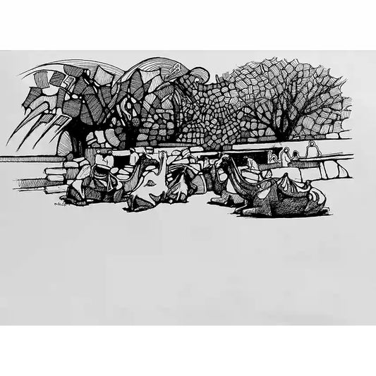 Desert Caravan at Rest pen and ink drawing by Obada Gabir showing camels resting under trees with Bedouin travelers
