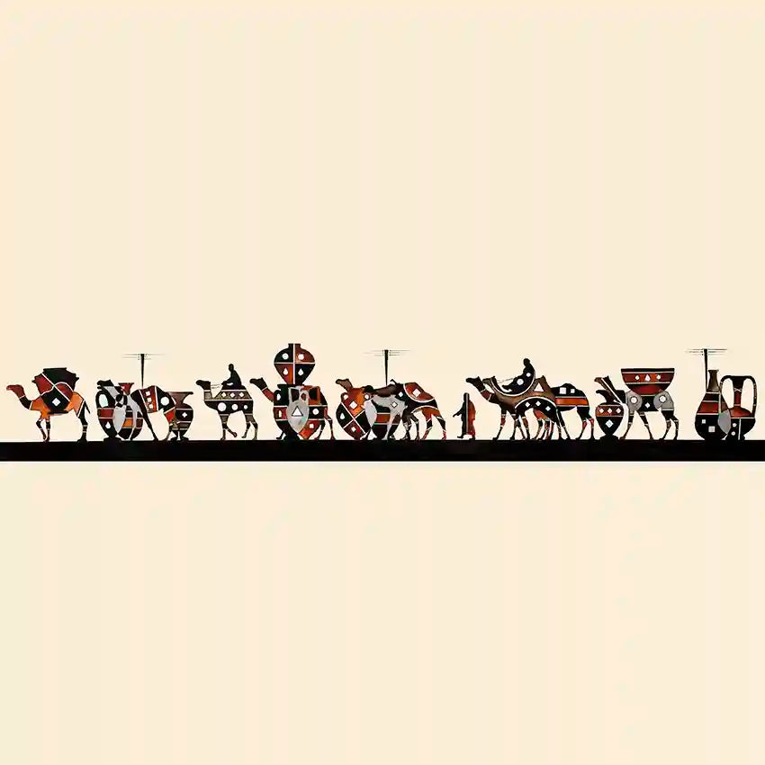 Illustration of ancient Egyptian processions with chariots and figures on a beige background