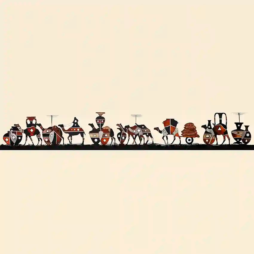 A colorful print featuring a series of stylized camel figures in various poses, resembling a caravan.