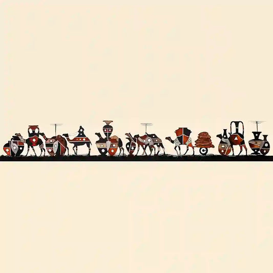 A colorful print featuring a series of stylized camel figures in various poses, resembling a caravan.