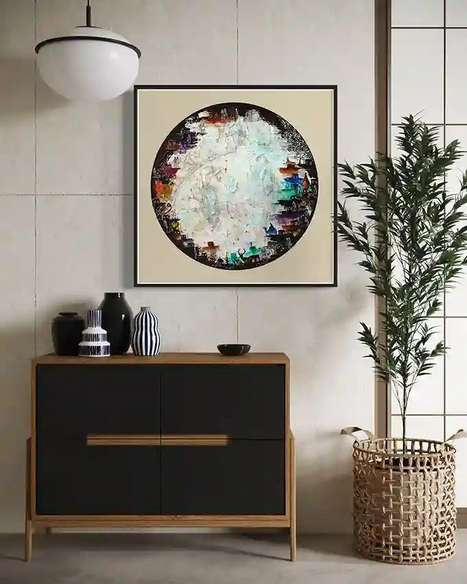 Modern interior with a black & wood cabinet, decorative vases, & a circular artwork on the wall "circle 9". by Youisf Ibrahim