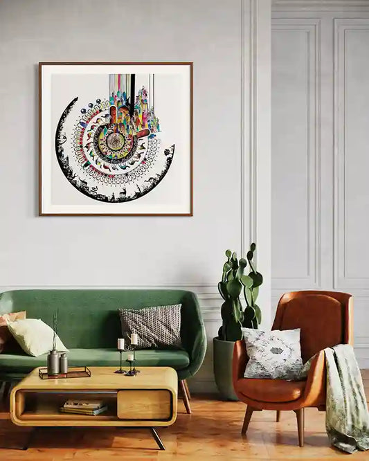 Living room with a green sofa, brown armchair, and colorful wall art. art print by Sudanese artist Yousif Ibrahim, in UAE