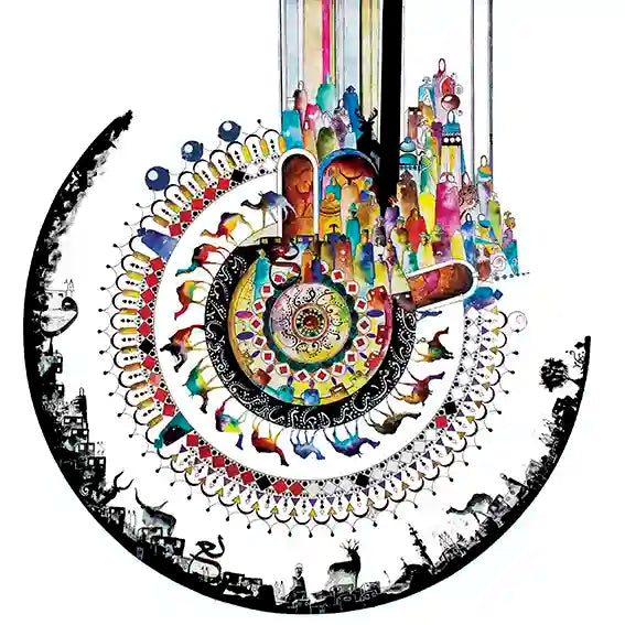 A vibrant and colorful abstract art print featuring cultural elements and calligraphy in a circular composition.