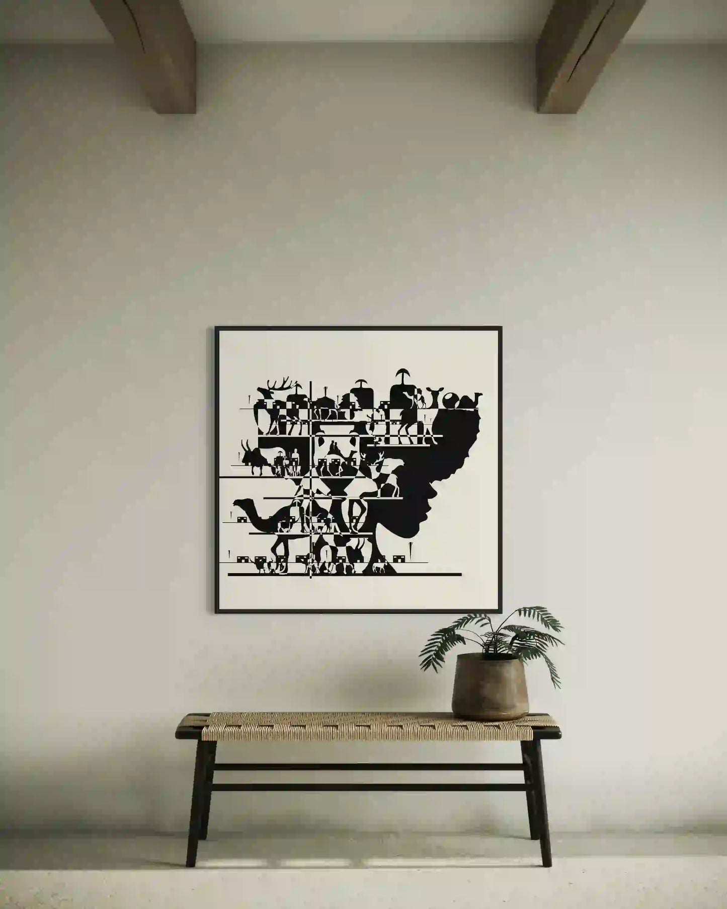 art print 'Enas' by Yousif Ibrahim displayed on a wall above a wooden bench with a small potted plant to the side. UAE
