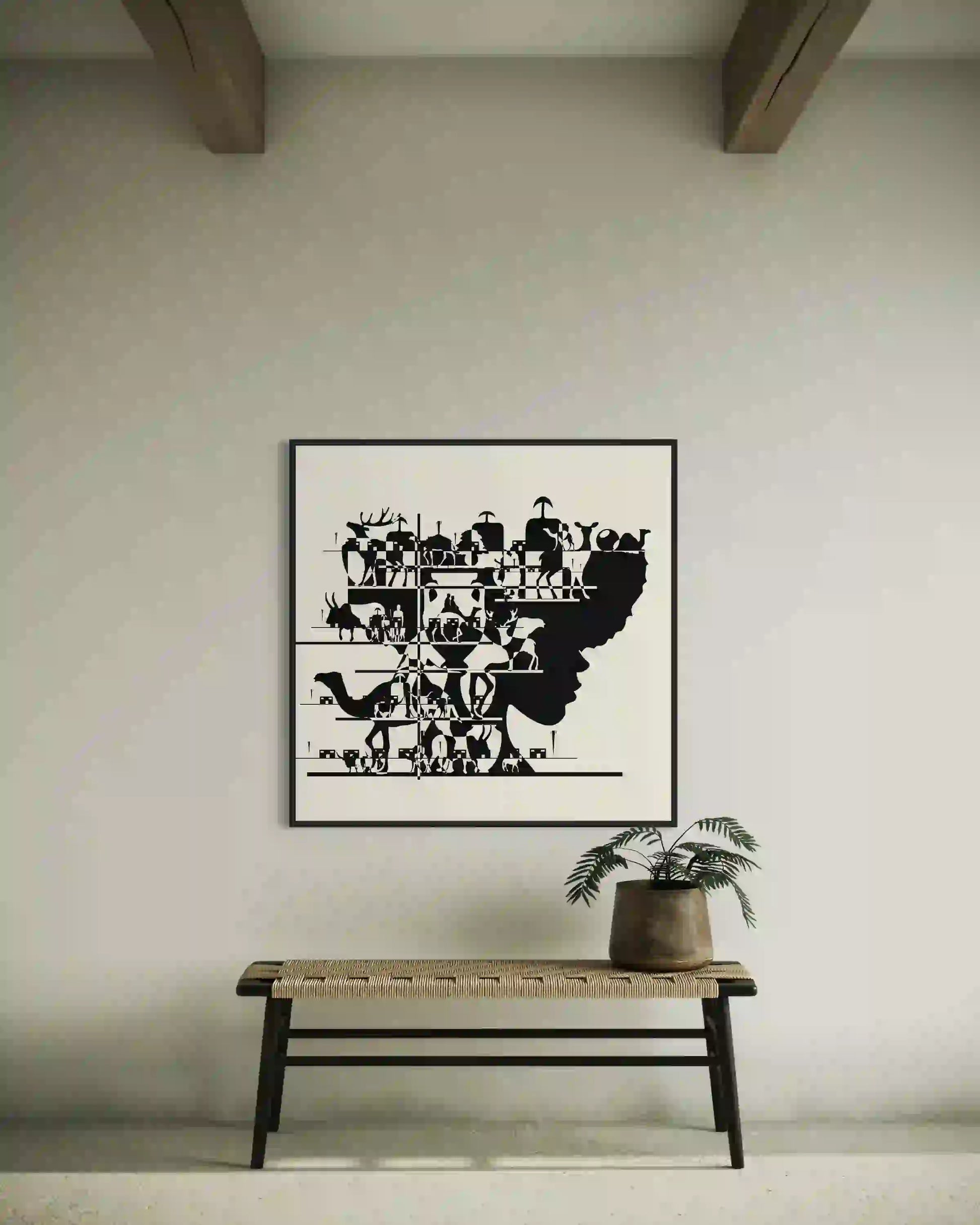 art print 'Enas' by Yousif Ibrahim displayed on a wall above a wooden bench with a small potted plant to the side. UAE