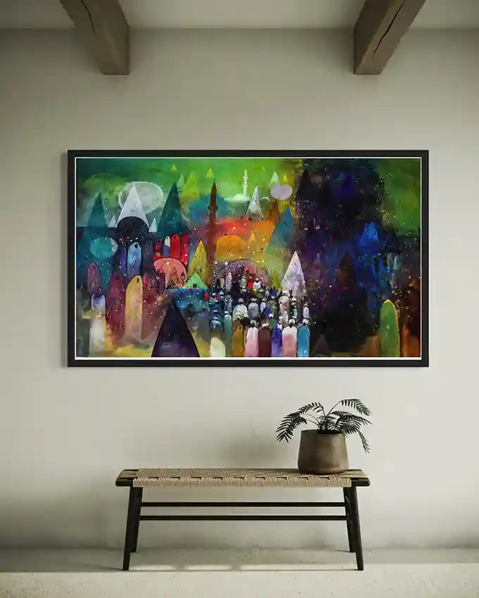 Enchanted Gathering art print by Abushariaa Ahmed displayed in modern living room with wooden bench and plant decoration