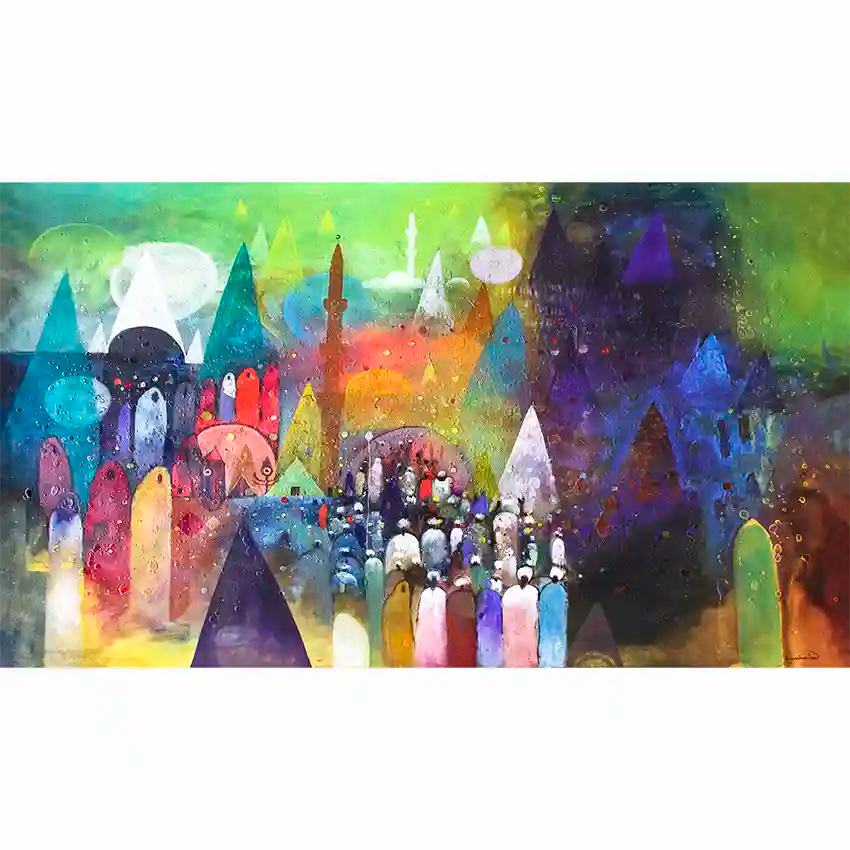 
Enchanted Gathering abstract art print by Abushariaa Ahmed featuring mystical figures in swirling colors of blue, green, gold