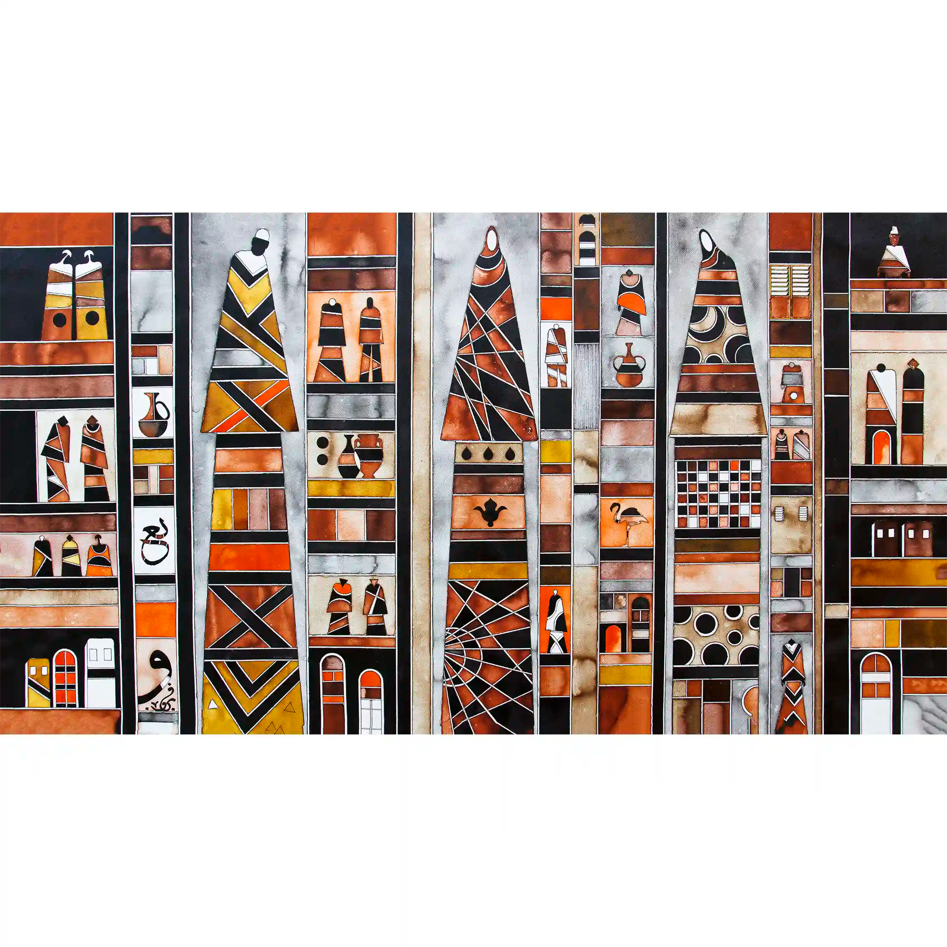 A panoramic abstract art print featuring geometric patterns and a series of figures in various poses against a colorful background.
