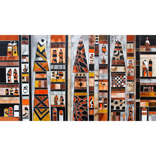 A panoramic abstract art print featuring geometric patterns and a series of figures in various poses against a colorful background.