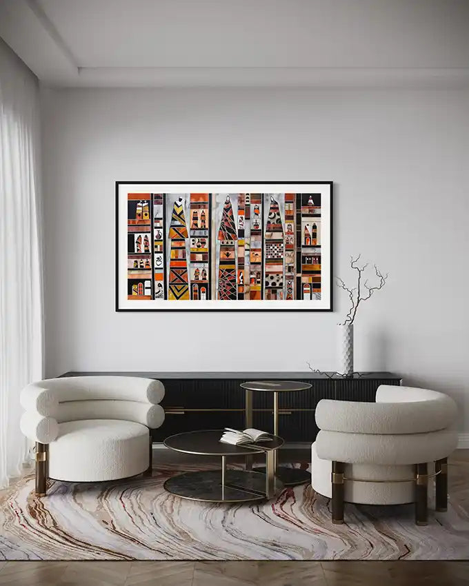 Modern living room with white chairs, a coffee table, and large wall art piece by Yousif Ibrahim, in UAE