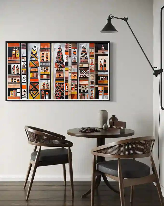 Dining room with a round table and two chairs, featuring a colorful abstract art print on the wall. by Yousif Ibrahim, in UAE