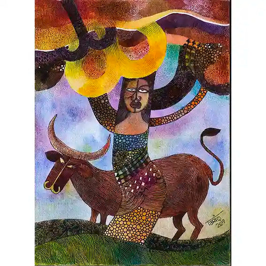 "Field of Abundance" by Tariq Nasre - vibrant colored artwork showing joyful figure with raised arms riding decorated bull.