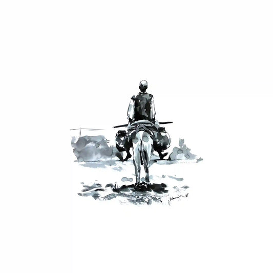 Ink wash painting showing a person riding a donkey across a desert landscape, rendered in muted grays tones.