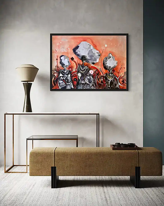 Marawi by Mohamed Wraag, Sudanese women mixed media art in black frame on wall in modern interior above console table
