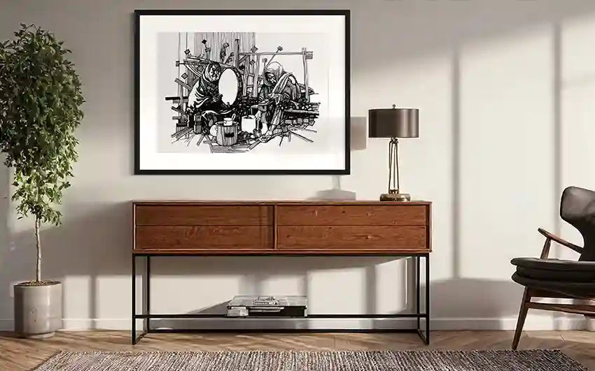 Morning Ritual art print by Obada Gabir in black frame displayed above mid-century modern walnut console in living room