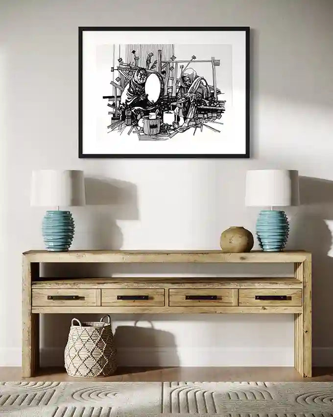 Morning Ritual black and white art print by Obada Gabir displayed in modern home interior with wooden console table
