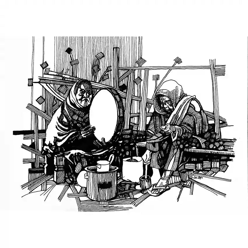 Morning Ritual black and white print showing two figures making coffee in traditional  scene by artist Obada Gabir
