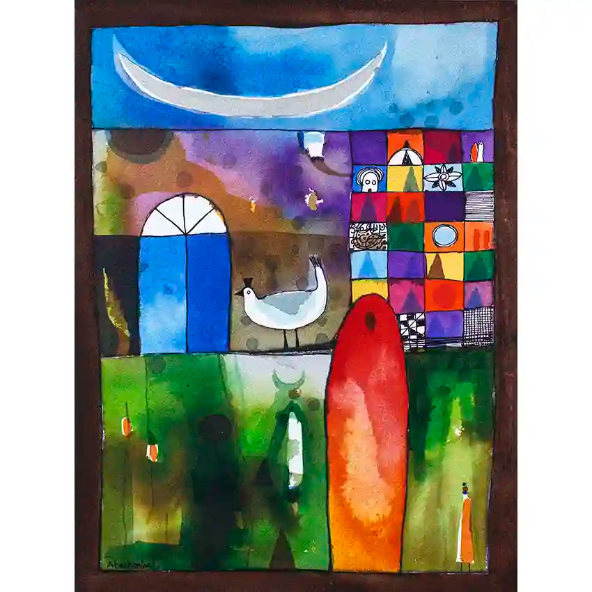 Nightlight Abstract Art Print by Abushariaa Ahmed - Moon Bird Architecture Geometric Mixed Media Unframed Wall Art