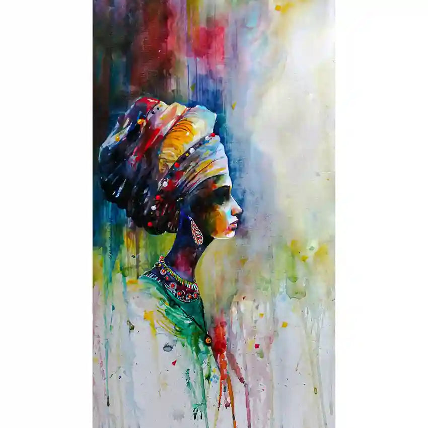 Colorful abstract painting of an African woman with a headscarf, art print by artist Galal Yousif, In UAE 
