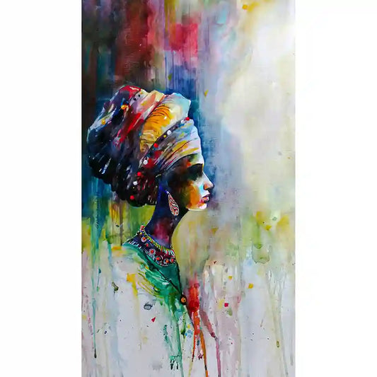 Colorful abstract painting of an African woman with a headscarf, art print by artist Galal Yousif, In UAE 