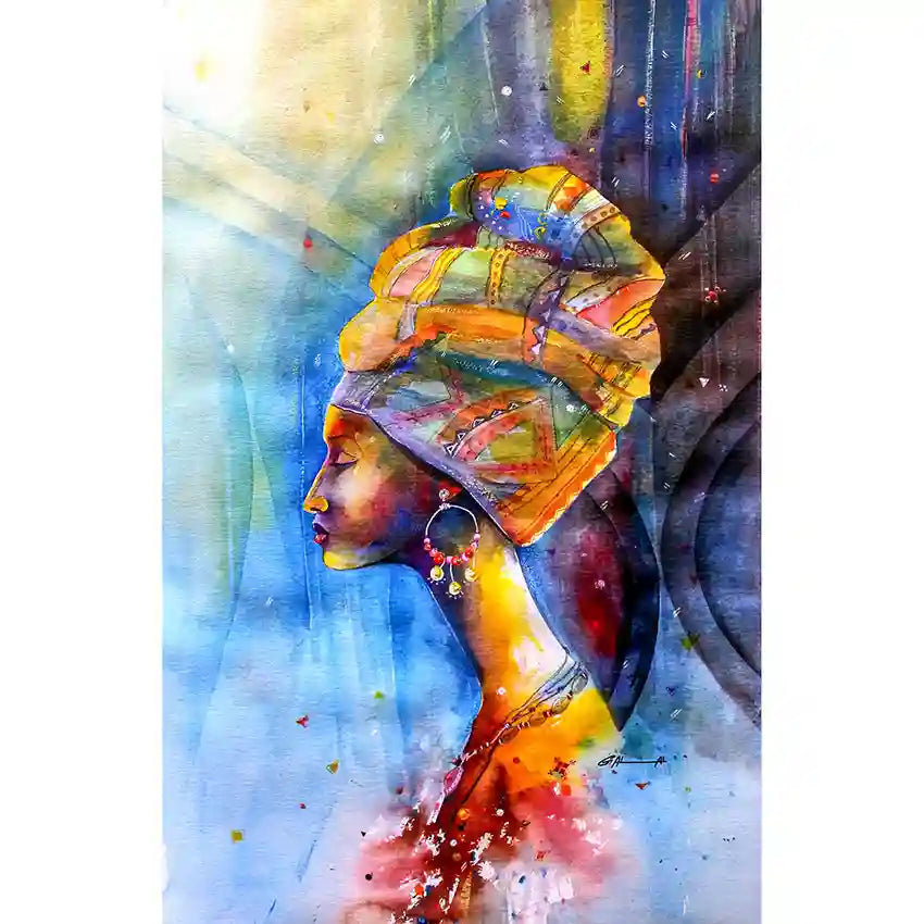 Colorful artistic depiction of an African woman wearing head scarf with a vibrant background, art print by Galal Yousif, UAE