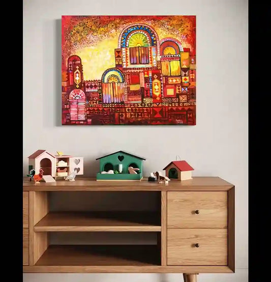 Nubian Doors 3 artwork in warm earth tones displayed above wooden sideboard with colorful toy houses and farm animals.