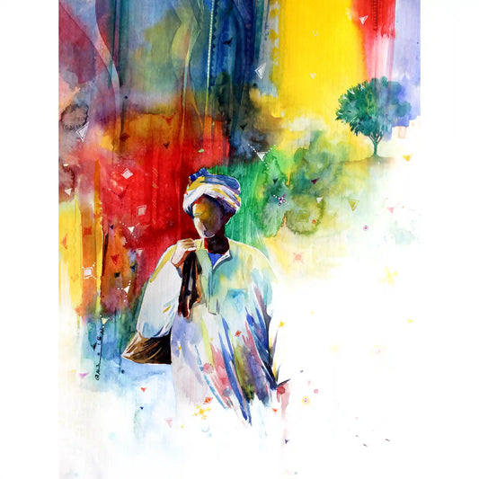 Colorful watercolor art print of a person in a scenic setting with trees and vibrant colors, by. Artist Galal Yousif, in UAE