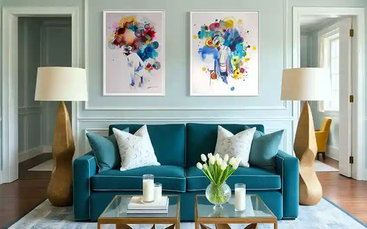 Modern living room with teal sofa, decorative items, 2 framed art prints by Sudanese artist Galal Yousif on wall, in UAE