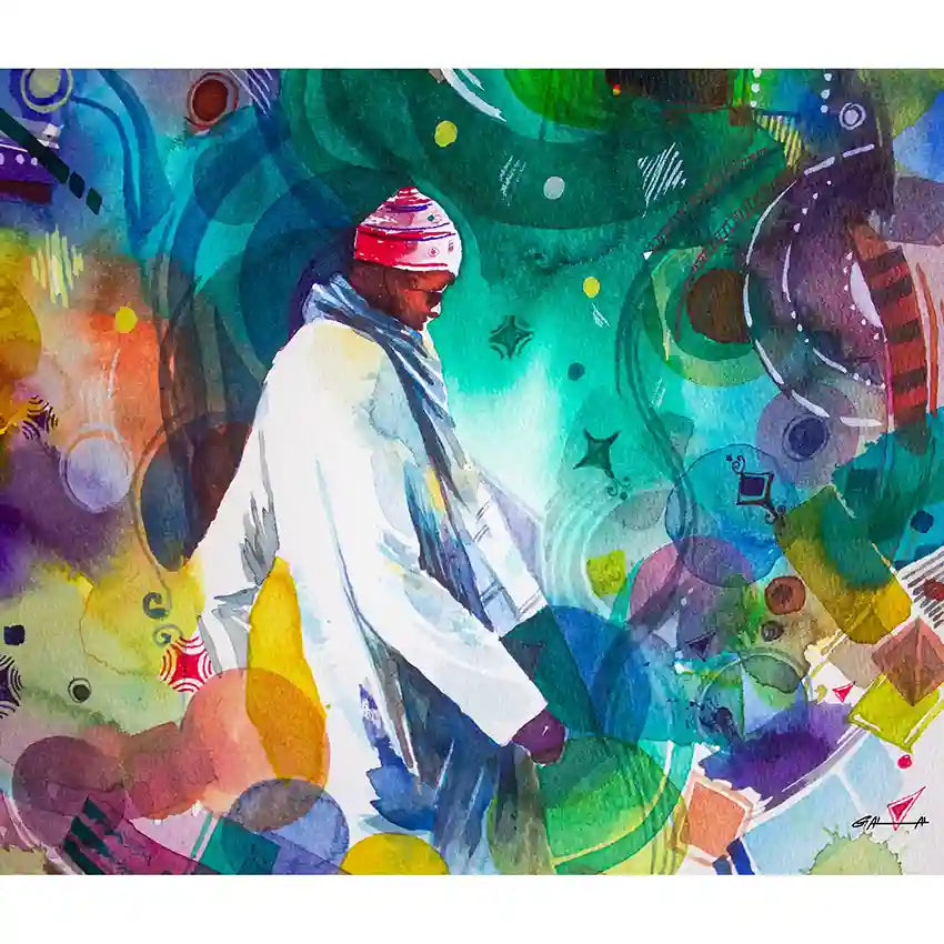 Colorful art print by sudanese artist Galal Yousif of a person with a red headscarf and white garment against a vibrant background.