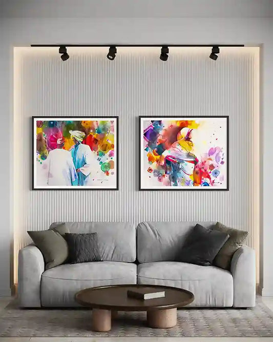 Gray sofa with two matching colorful abstract Framed art prints on a wall by visual Sudanese artist Galal Yousif.