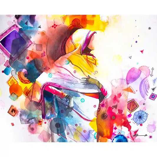 Colorful abstract art Print by visual Sudanese artist Galal Yousif with geometric shapes and a central figurative woman, UAE 