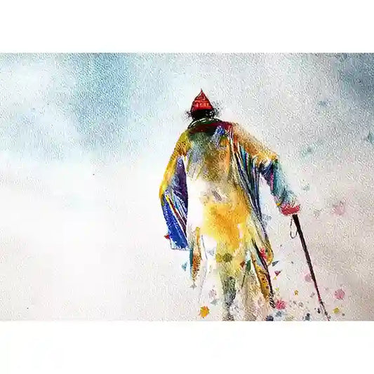 Colorful Artwork of an old Sudanese man by visual artist Galal Yousif in a snowy landscape background, available UAE 