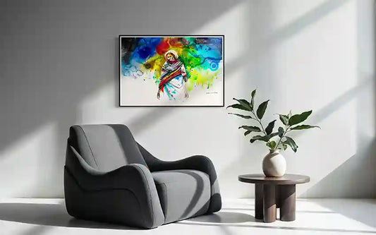 colorful framed art print by visual artist Galal Yousif in Modern living room with a gray armchair, small table with a plant.