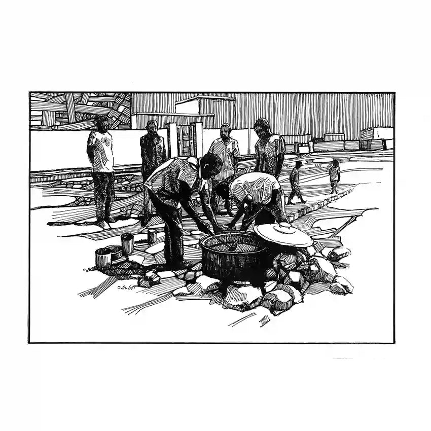 Black and white line art print showing people gathered around cooking pot in community kitchen scene by artist Obada Gabir