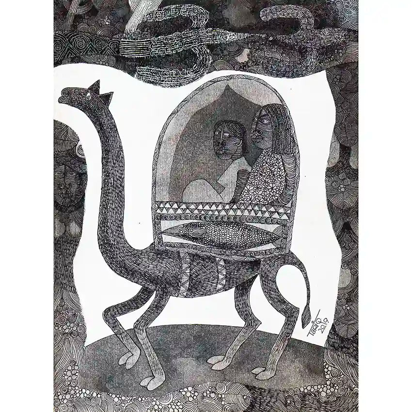 "The Caravan of Dreams" by Tariq Nasre - black and white ink art showing two women traveling together on decorated camel.