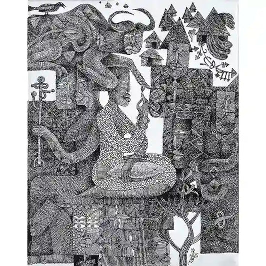 The Gathered by Tariq Nasre - intricate black white print artwork featuring detailed figures, patterns, storytelling motifs